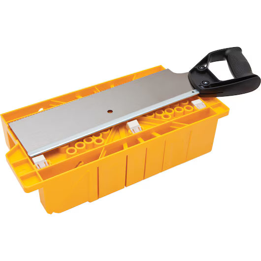 The STANLEY® Clamping Mitre Box with Saw, by STANLEY, features slots for guiding precise angled cuts and a black-handled backsaw—an essential tool for accurate woodworking projects.